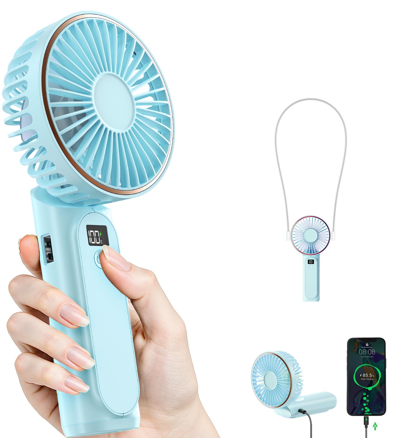TUNISE Ventilador de Mano Portátil Recargable, Ventilador Portátil de 4000mAh, Ajustable 180°, 6 Velocidades de Viento, Pantalla de Electricidad en Tiempo Real, Ventilador Plegable Recargable por USB