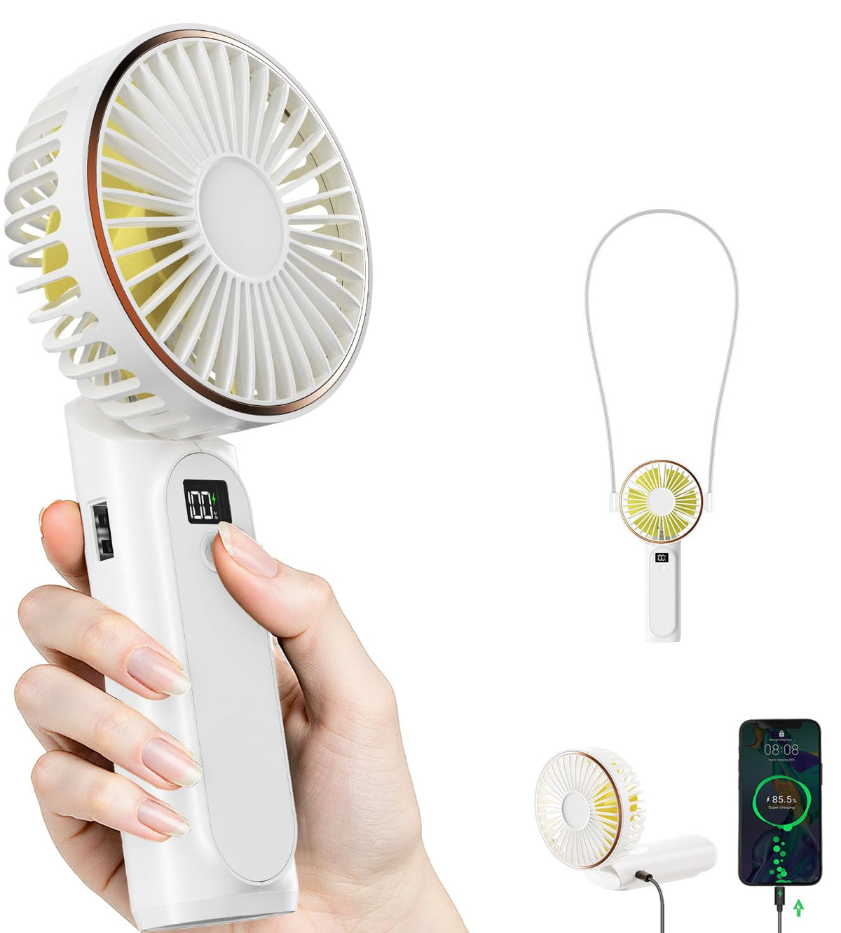TUNISE Ventilador de Mano Portátil Recargable, Ventilador Portátil de 4000mAh, Ajustable 180°, 6 Velocidades de Viento, Pantalla de Electricidad en Tiempo Real, Ventilador Plegable Recargable por USB