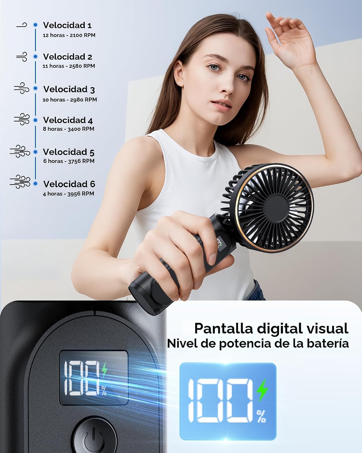 TUNISE Ventilador de Mano Portátil Recargable, Ventilador Portátil de 4000mAh, Ajustable 180°, 6 Velocidades de Viento, Pantalla de Electricidad en Tiempo Real, Ventilador Plegable Recargable por USB