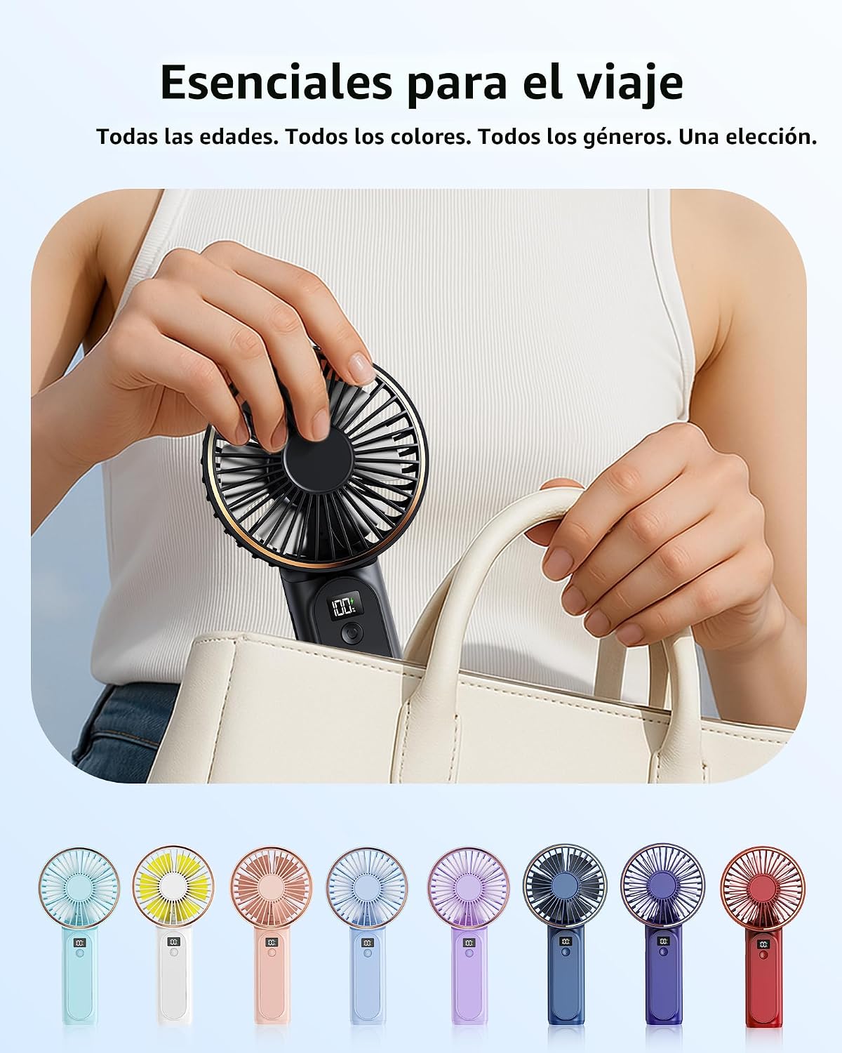 TUNISE Ventilador de Mano Portátil Recargable, Ventilador Portátil de 4000mAh, Ajustable 180°, 6 Velocidades de Viento, Pantalla de Electricidad en Tiempo Real, Ventilador Plegable Recargable por USB