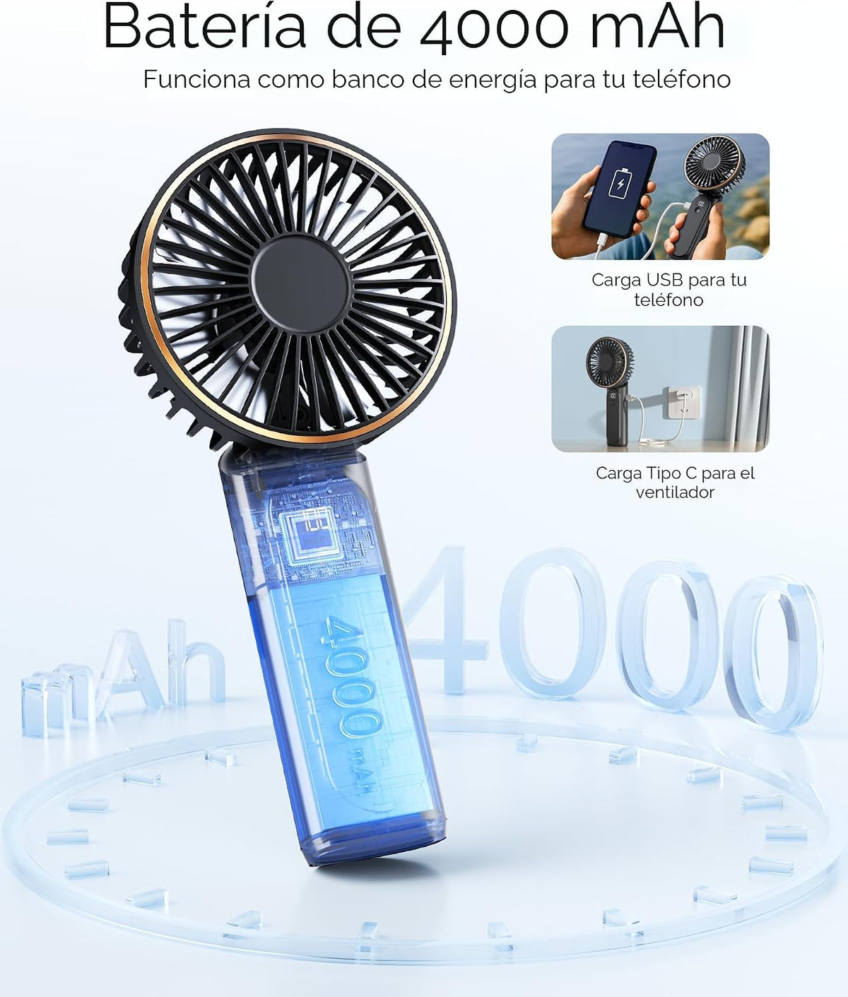 TUNISE Ventilador de Mano Portátil Recargable, Ventilador Portátil de 4000mAh, Ajustable 180°, 6 Velocidades de Viento, Pantalla de Electricidad en Tiempo Real, Ventilador Plegable Recargable por USB