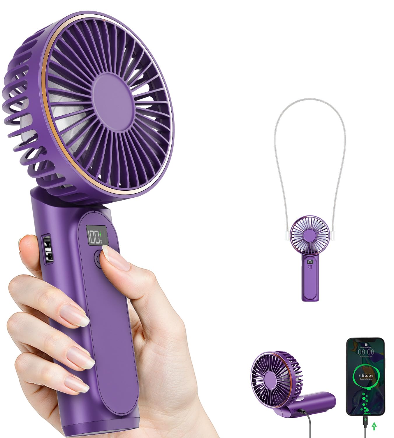 TUNISE Ventilador de Mano Portátil Recargable, Ventilador Portátil de 4000mAh, Ajustable 180°, 6 Velocidades de Viento, Pantalla de Electricidad en Tiempo Real, Ventilador Plegable Recargable por USB