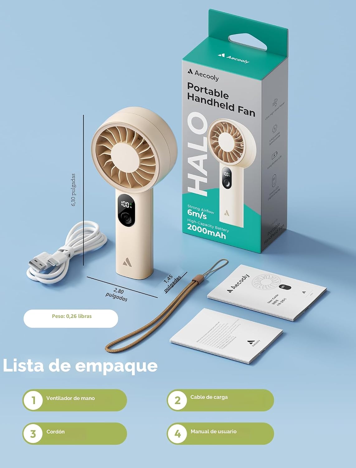 Aecooly Potente ventilador portátil, potente ventilador de mano, recargable