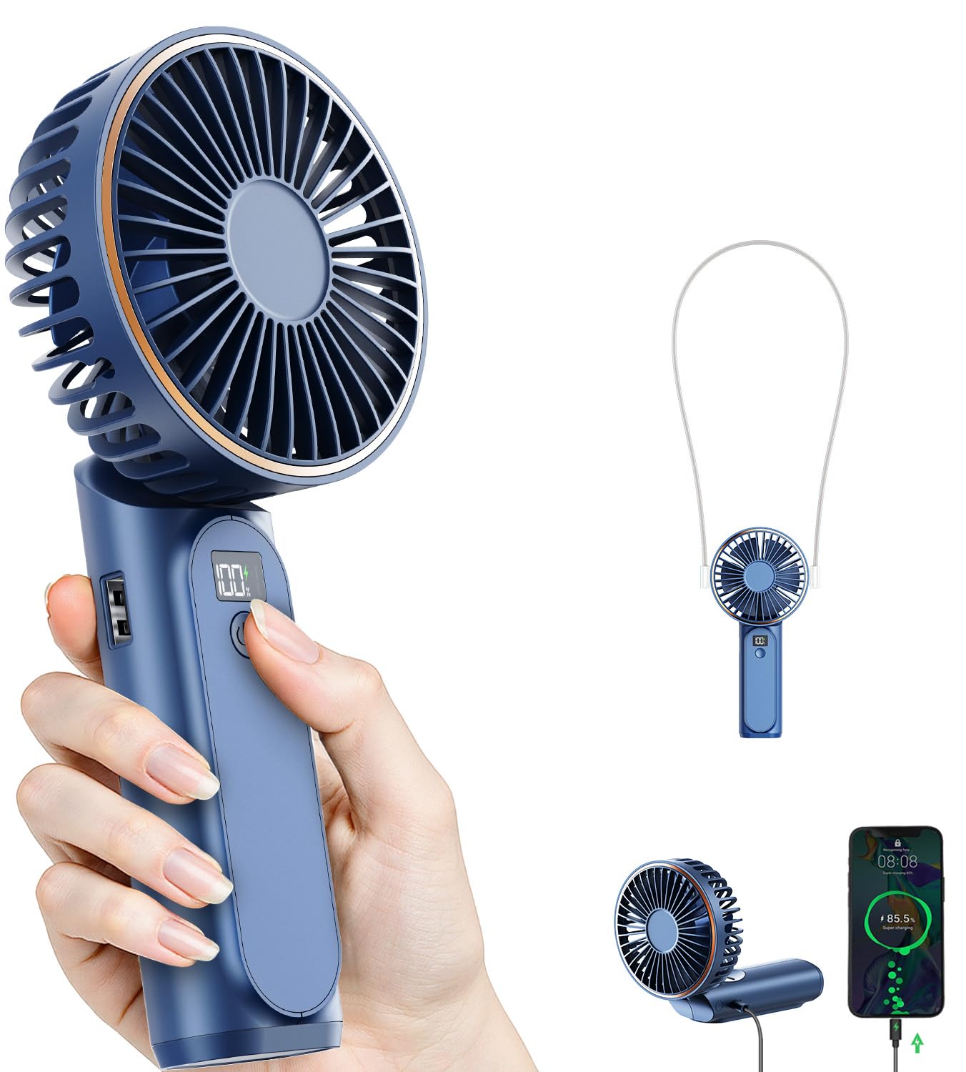 TUNISE Ventilador de Mano Portátil Recargable, Ventilador Portátil de 4000mAh, Ajustable 180°, 6 Velocidades de Viento, Pantalla de Electricidad en Tiempo Real, Ventilador Plegable Recargable por USB