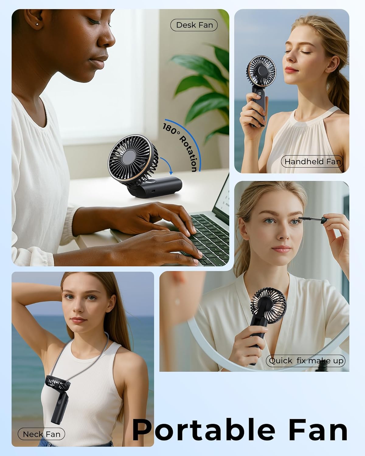 TUNISE Ventilador de Mano Portátil Recargable, Ventilador Portátil de 4000mAh, Ajustable 180°, 6 Velocidades de Viento, Pantalla de Electricidad en Tiempo Real, Ventilador Plegable Recargable por USB