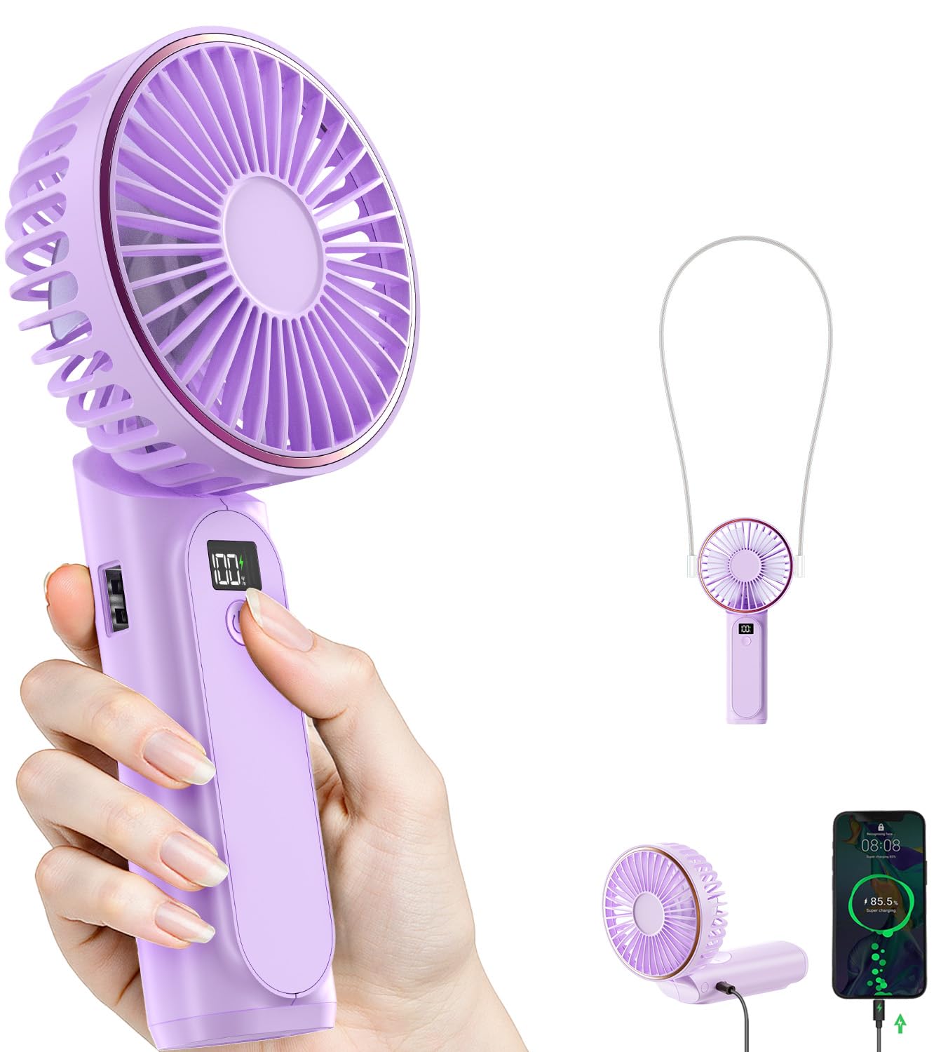 TUNISE Ventilador de Mano Portátil Recargable, Ventilador Portátil de 4000mAh, Ajustable 180°, 6 Velocidades de Viento, Pantalla de Electricidad en Tiempo Real, Ventilador Plegable Recargable por USB