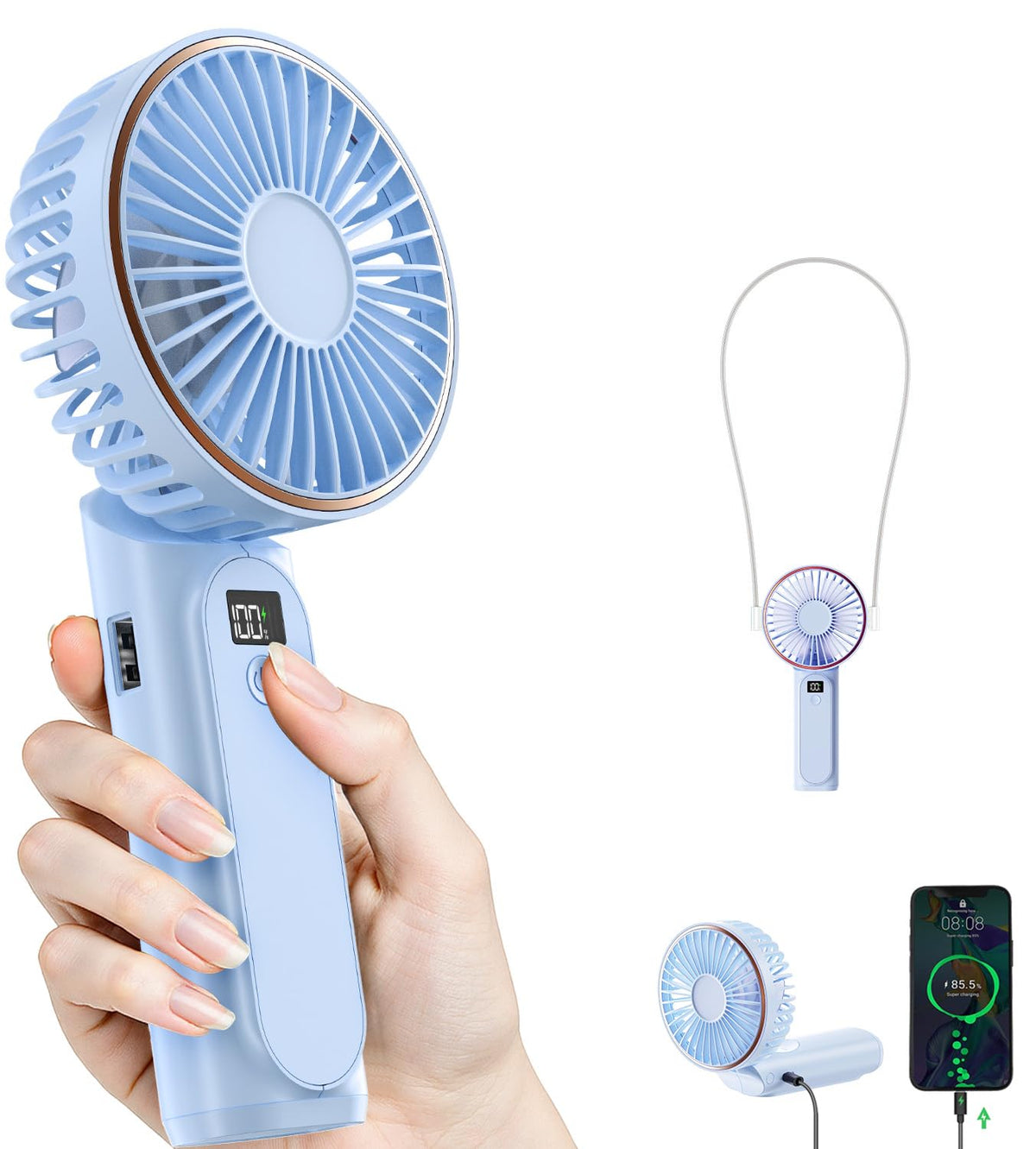 TUNISE Ventilador de Mano Portátil Recargable, Ventilador Portátil de 4000mAh, Ajustable 180°, 6 Velocidades de Viento, Pantalla de Electricidad en Tiempo Real, Ventilador Plegable Recargable por USB