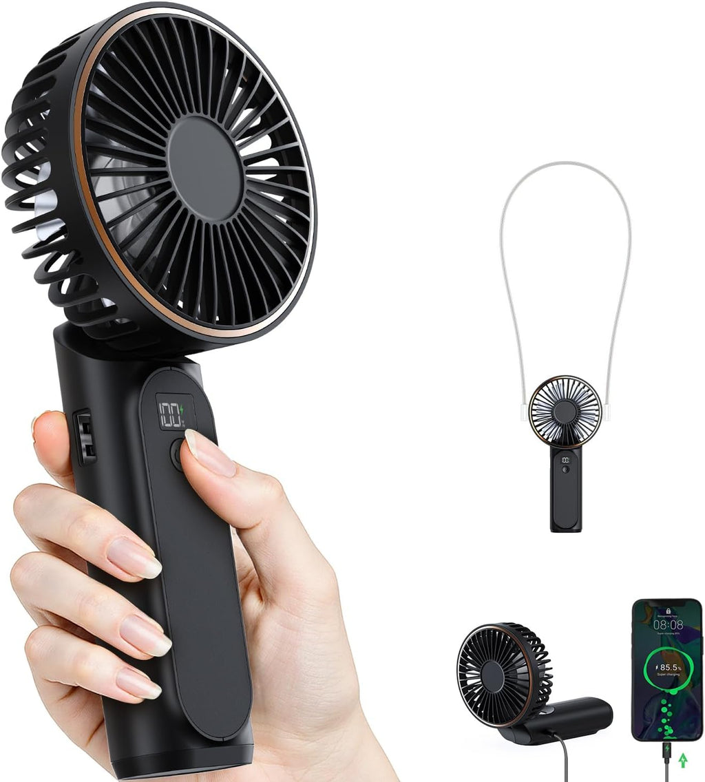 TUNISE Ventilador de Mano Portátil Recargable, Ventilador Portátil de 4000mAh, Ajustable 180°, 6 Velocidades de Viento, Pantalla de Electricidad en Tiempo Real, Ventilador Plegable Recargable por USB