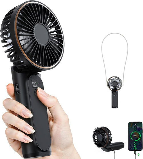 TUNISE Ventilador de Mano Portátil Recargable, Ventilador Portátil de 4000mAh, Ajustable 180°, 6 Velocidades de Viento, Pantalla de Electricidad en Tiempo Real, Ventilador Plegable Recargable por USB