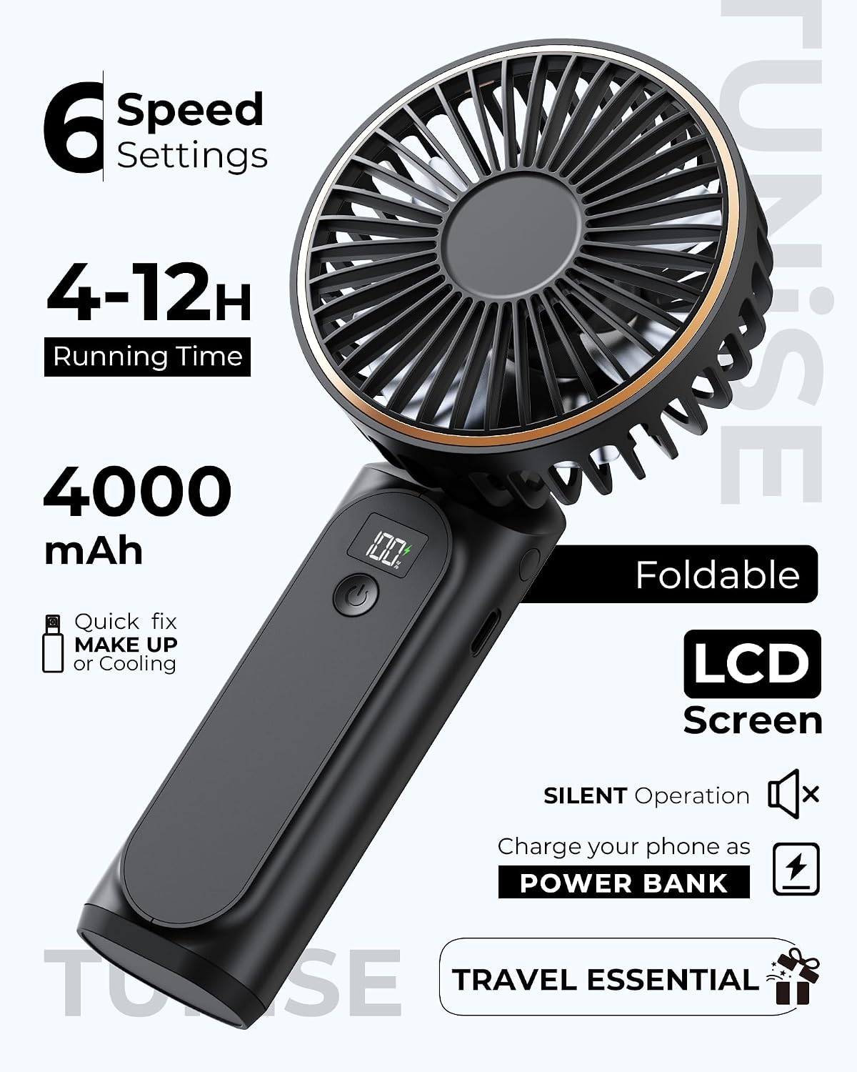 TUNISE Ventilador de Mano Portátil Recargable, Ventilador Portátil de 4000mAh, Ajustable 180°, 6 Velocidades de Viento, Pantalla de Electricidad en Tiempo Real, Ventilador Plegable Recargable por USB