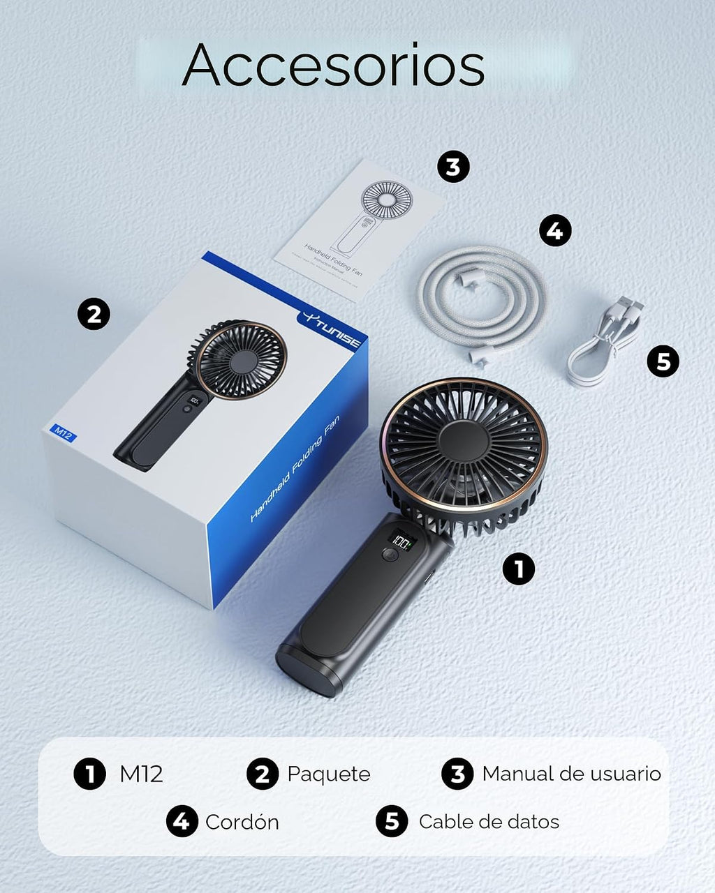 TUNISE Ventilador de Mano Portátil Recargable, Ventilador Portátil de 4000mAh, Ajustable 180°, 6 Velocidades de Viento, Pantalla de Electricidad en Tiempo Real, Ventilador Plegable Recargable por USB