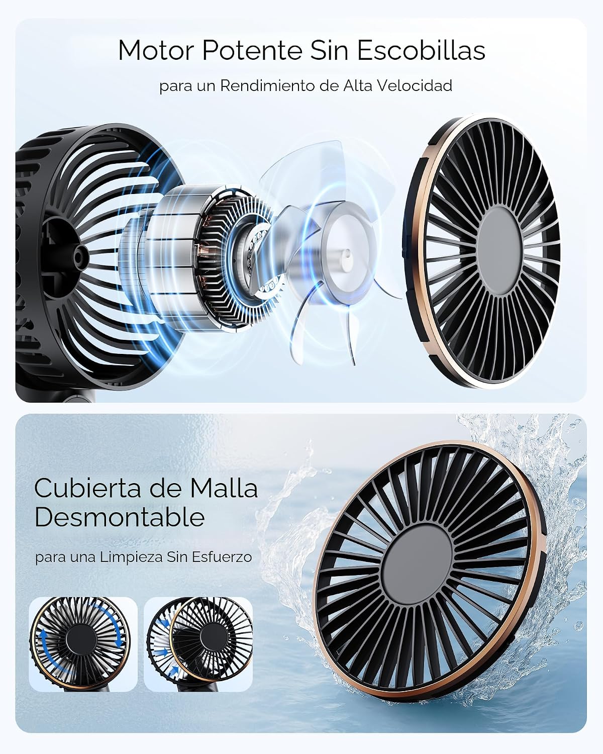 TUNISE Ventilador de Mano Portátil Recargable, Ventilador Portátil de 4000mAh, Ajustable 180°, 6 Velocidades de Viento, Pantalla de Electricidad en Tiempo Real, Ventilador Plegable Recargable por USB